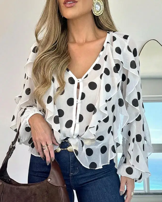 

Polka Dot Print V-Neck Long Sleeve Button Front Blouse Casual Ruffles Spliced Semi Sheer Top
