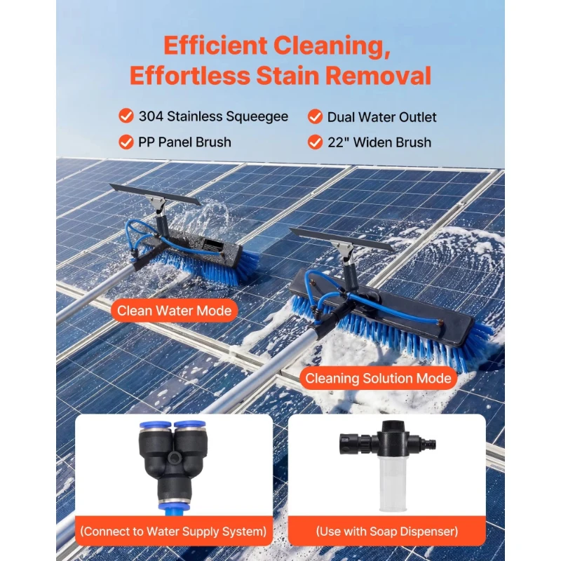 26-Foot Telescopic Aluminum Hydraulic Boom Kit Solar Panel Cleaner with Retractable Cleaning Brush, Wiper, and Soap Dispenser