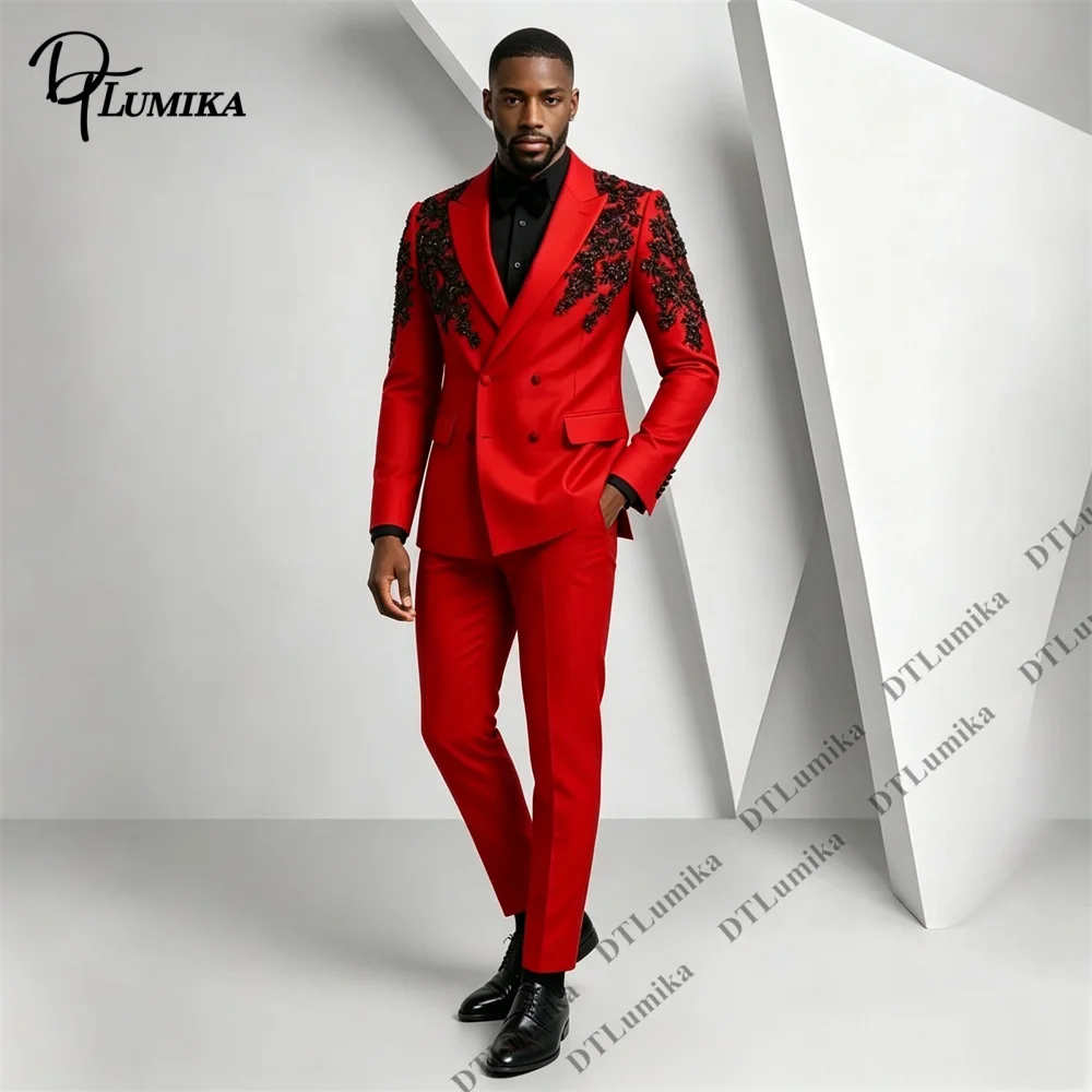 DTLumika Intricate Formal Suit Set for Men Double Breasted Two Piece Blazer Pants Set, Bold Red Party Prom Tuxedo Tailored Fit
