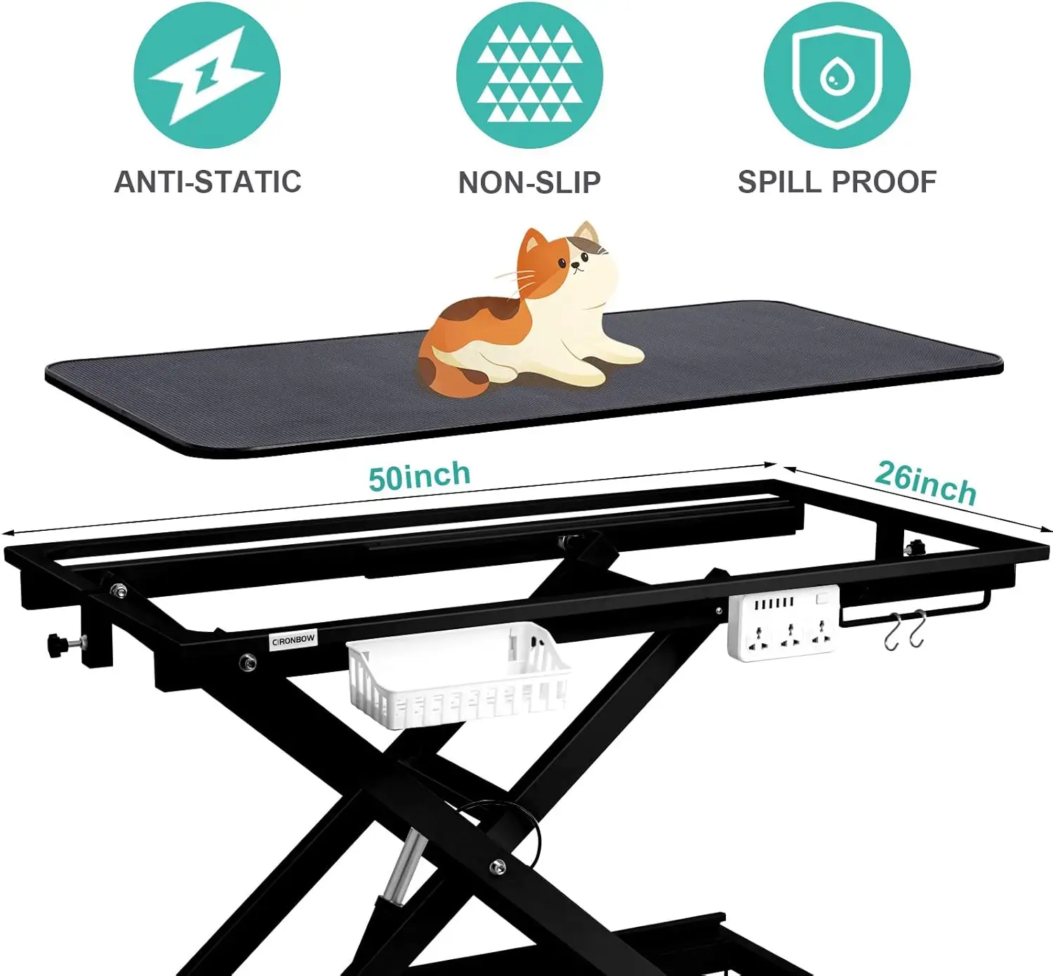 Adjustable Heavy Duty 50" Electric X-Lift Hydraulic Dog Grooming Table with Tool Organizer, Jack Type, Pet Grooming Station