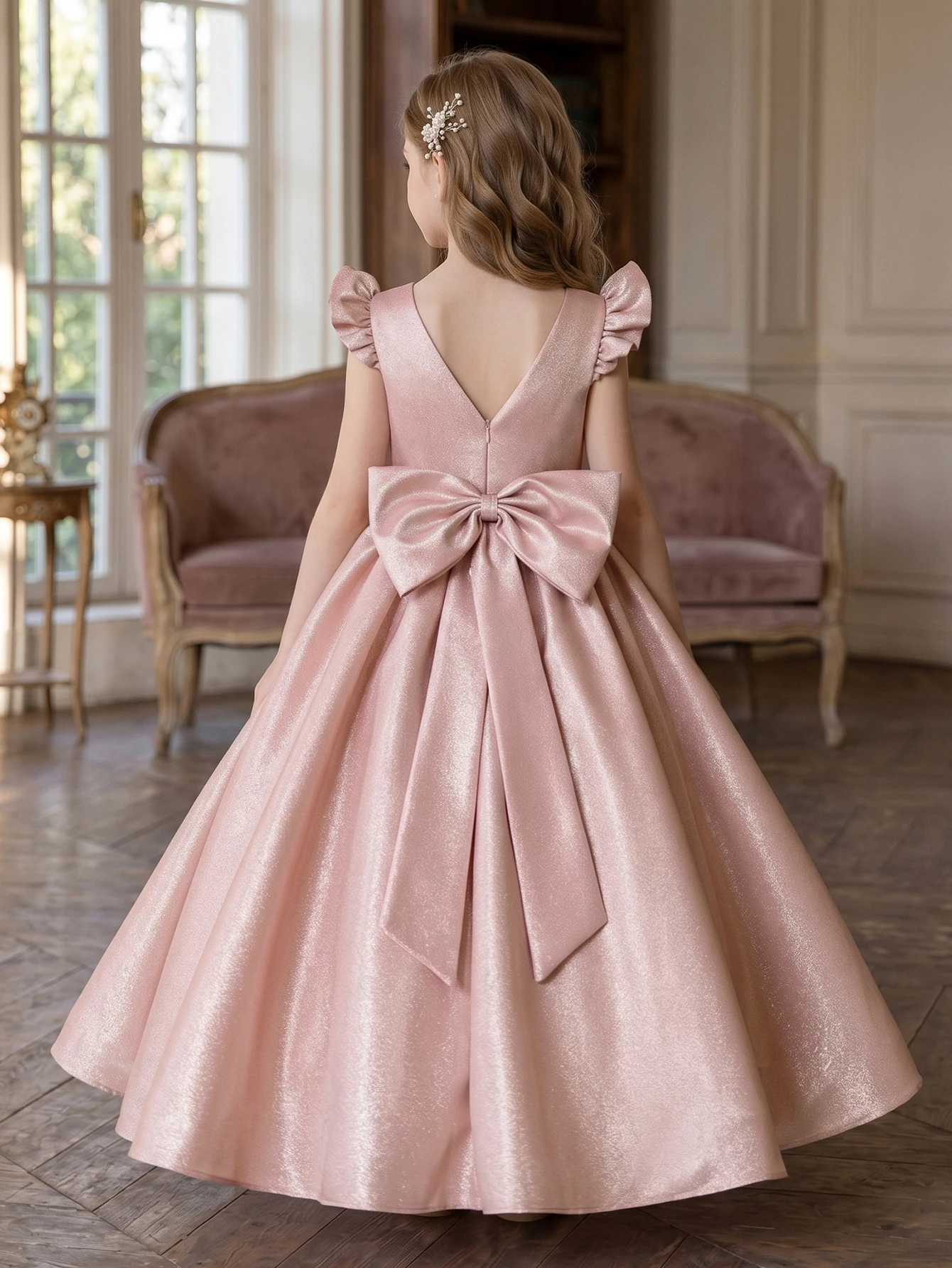 Pink Princess Dress Prom Party Formal Dress with Bow Decorations, Suitable for Birthday Parties, Weddings, Bridesmaids' Gowns