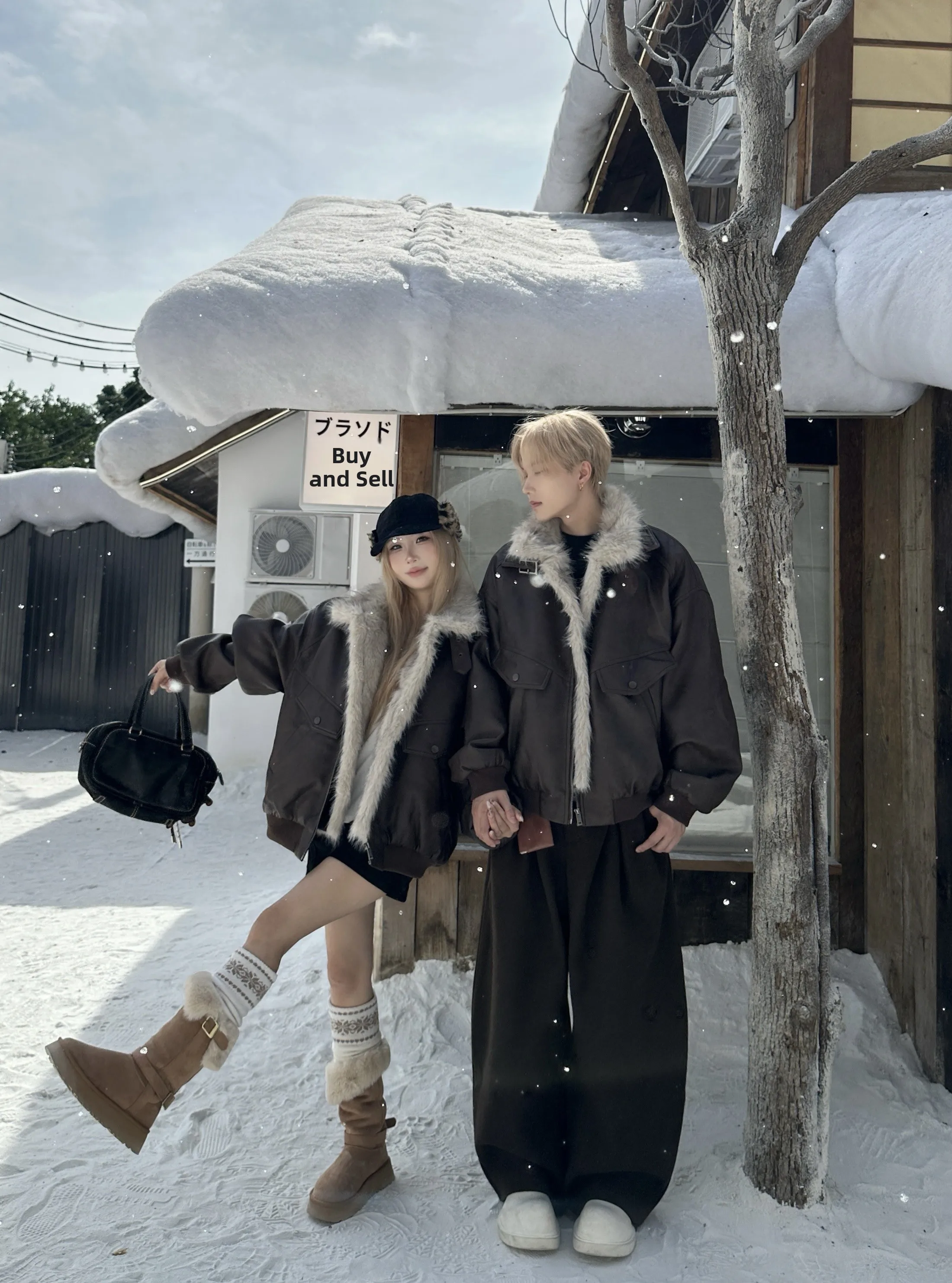 

American Retro Thiened Warmth Couple Cotton Jaet Fur Collar ort Inteated Leather And Fur Outerwear Youth Faion