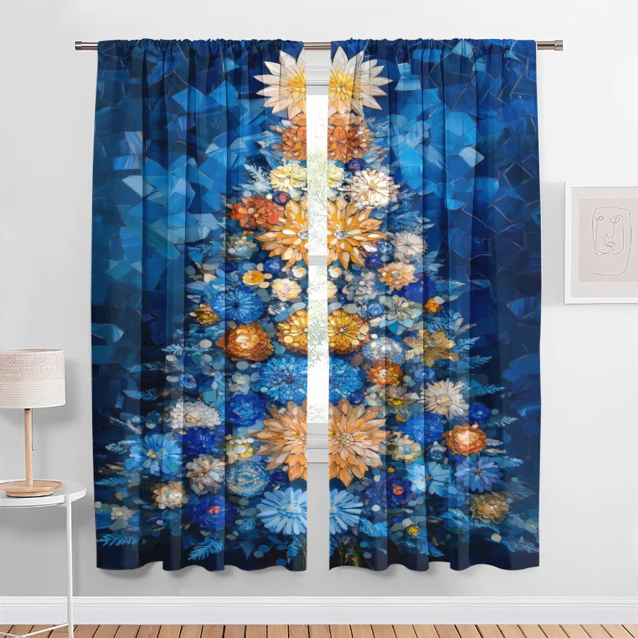 2PCS Digital Print Curtains, Deep Blue Mosaic Background Floral Christmas Tree Blue Orange White Flowers, Artistic Stained Glass