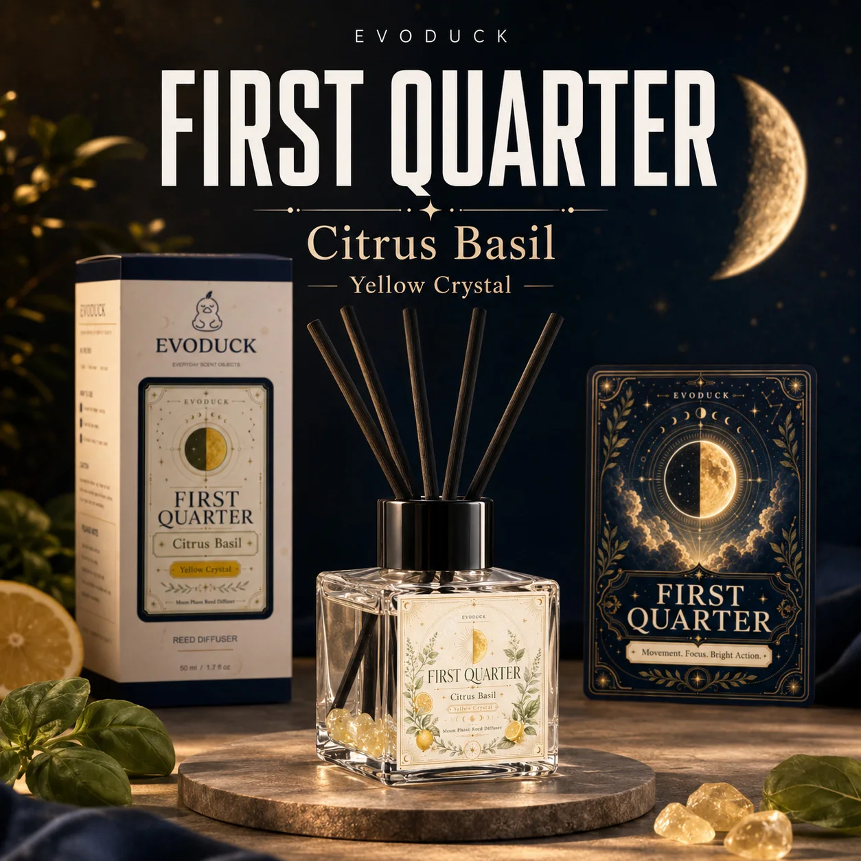EVODUCK First Quarter Moon Phase Reed Diffuser 50ml With Yellow Crystal, Citrus Basil Scent, 4 Reeds Gift Room Decor, Home Decor