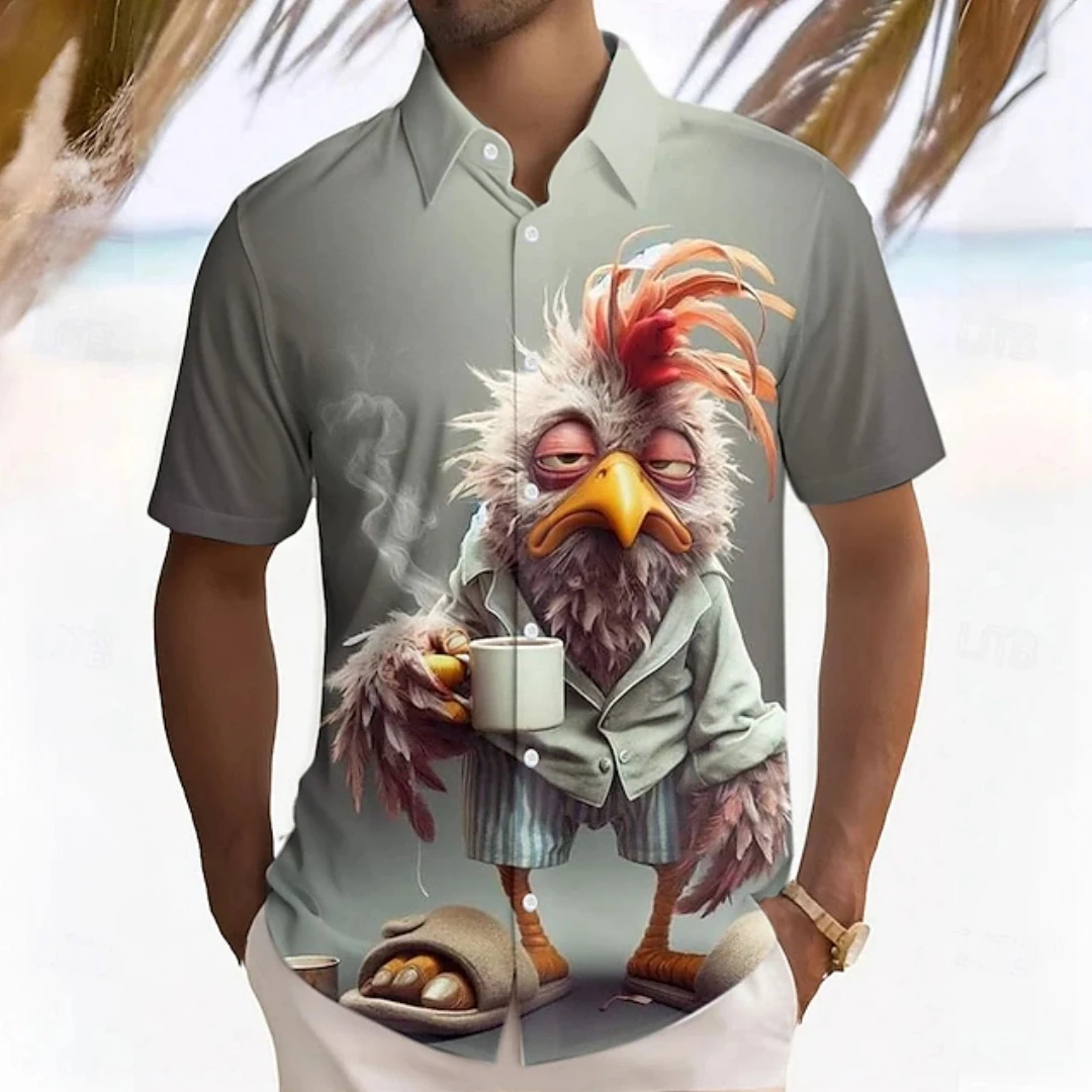 Hawaiian Funny Animals Smiling Shark Chicken Cat Printing Short Sleeve Shirts For Men Clothes Casual Shirt Vacation Blouses Top