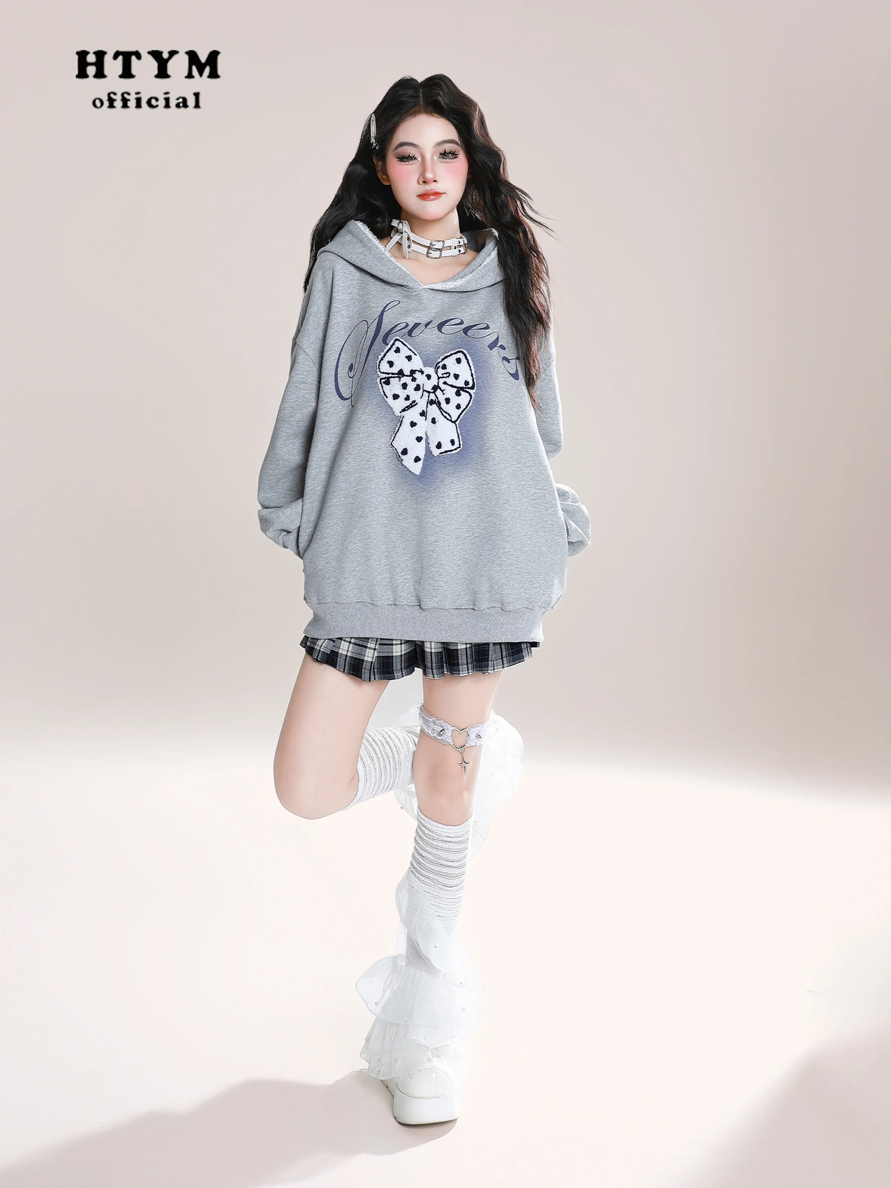 American Retro Fashion Sweet Cool Girl Flocked Bow Lace Hoodies Loose Lazy Casual Versatile Long Sleeve Sweatshirts Women Autumn
