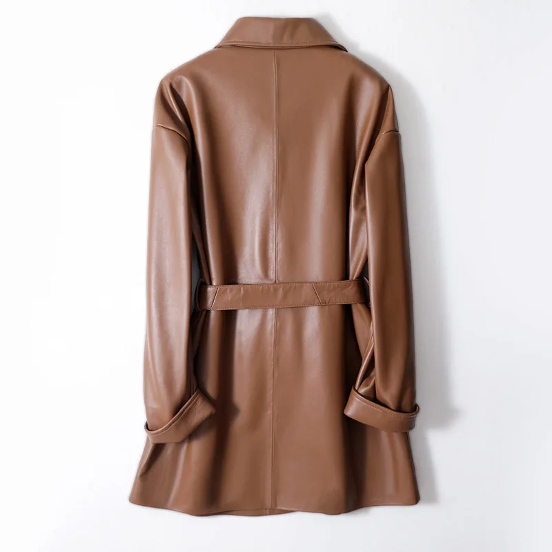 Abrigo de cuero de longitud media para mujer, café, cuello de traje, gabardina de piel de oveja, cinturón, cintura delgada, abrigo de cuero genuino, primavera y otoño