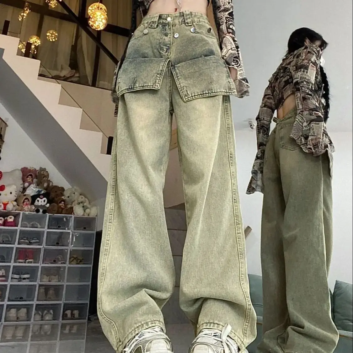 

Jeans Pocket Design Distressed High-Waisted American Retro Ins Women'S Autumn High Street Loose Straight Wide-Leg Trousers