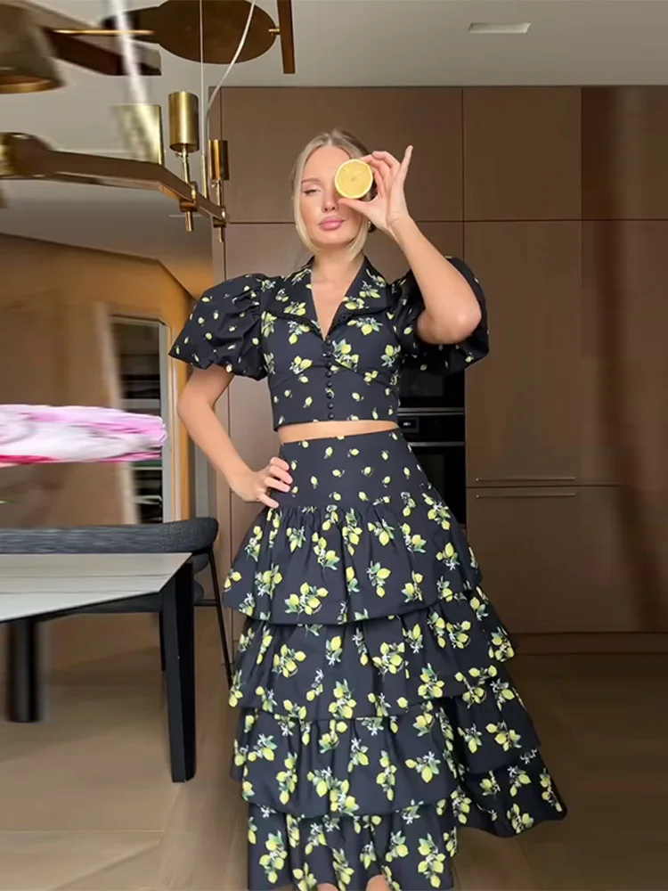 

Elegant Print V-Neck Puff Sleeve Midi Skirt Set Women's Crop Top A-Line Fit & Flare Skirts Casual Summer Party Vintage Outfit