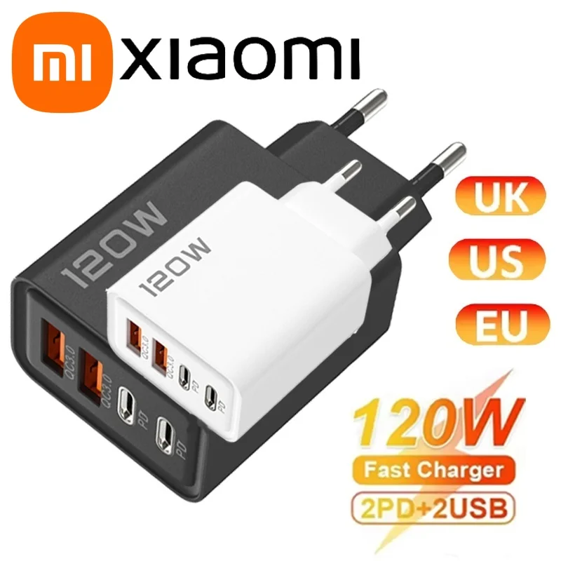 شاحن Xiaomi 120W PD 4 منافذ USB C شاحن سريع الشحن من النوع C USB شاحن هاتف محول شحن سريع لهاتف Samsung iPhone Huawei