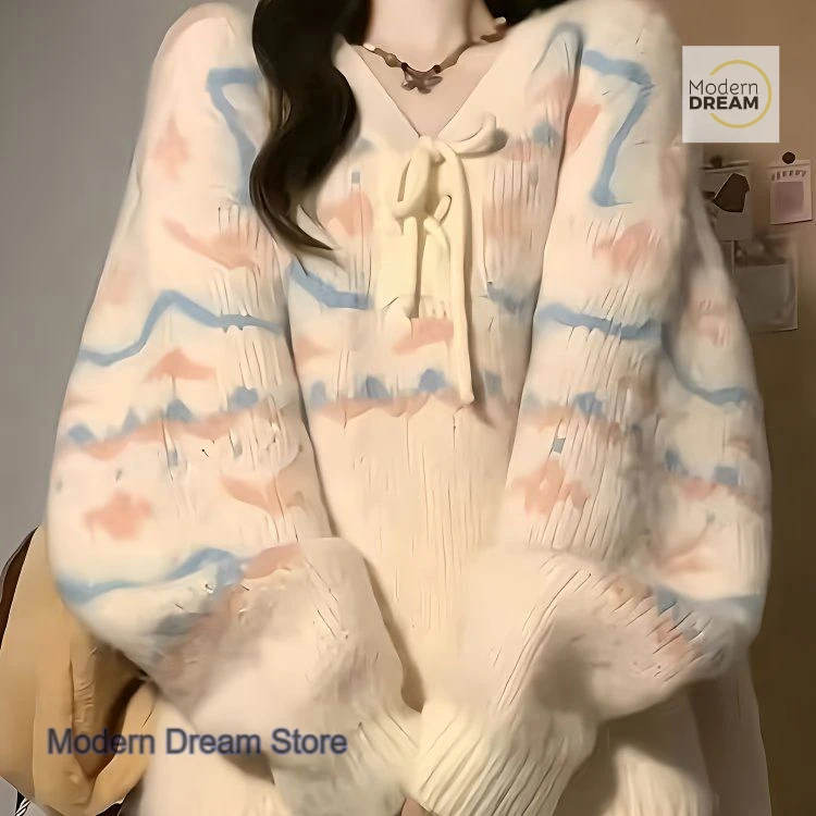 

French V-neck pullover women's autumn and winter new plus size loose lazy wind casual long-sleeved college style sweater top