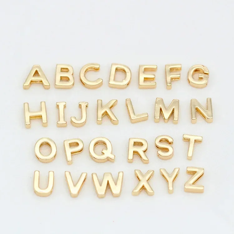 Holes 1.4MM 14K Gold Color Plated Brass A To Z Alphabet 26 Letters Charms Pendants  For DIY Jewelry Making