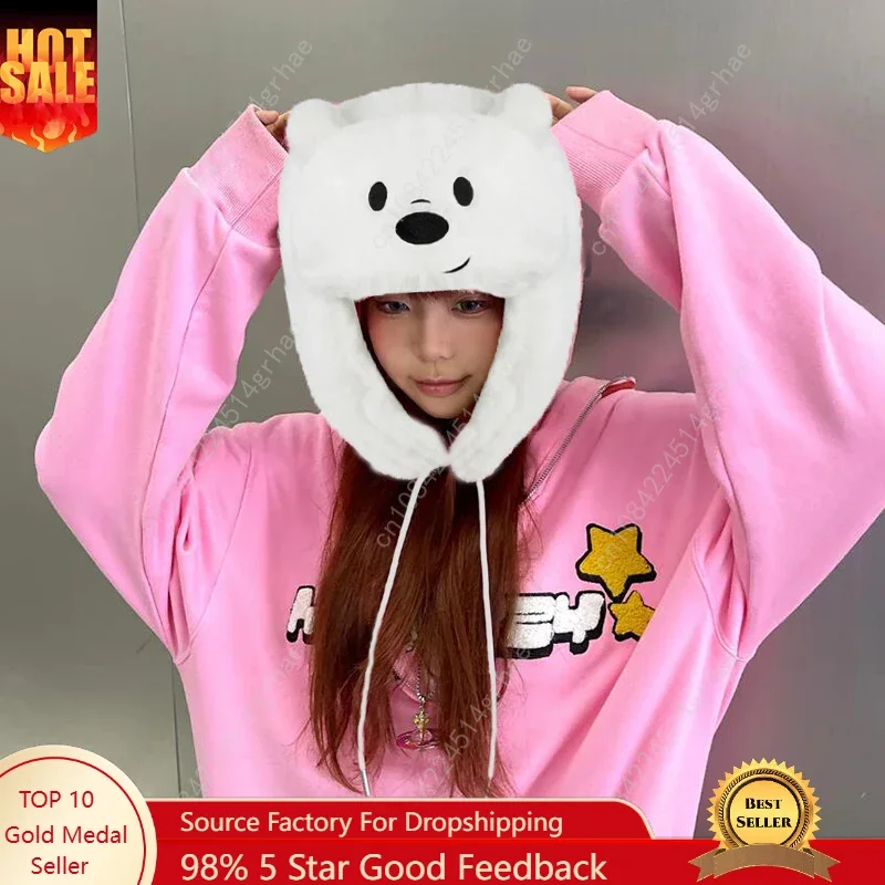 

Winter Warm Ushanka Hat White bear Hot Sale Winter Women's Cap Trapper Woman Ski Hats Caps Real She