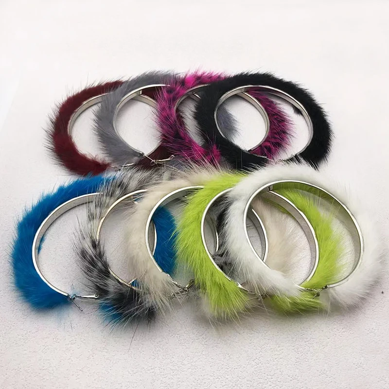 Colorful Fur Hoop Earrings for Women Fashion New Big Round Circle 70MM Large Pompom Hoops Earring with Real Mink Fur Jewelry