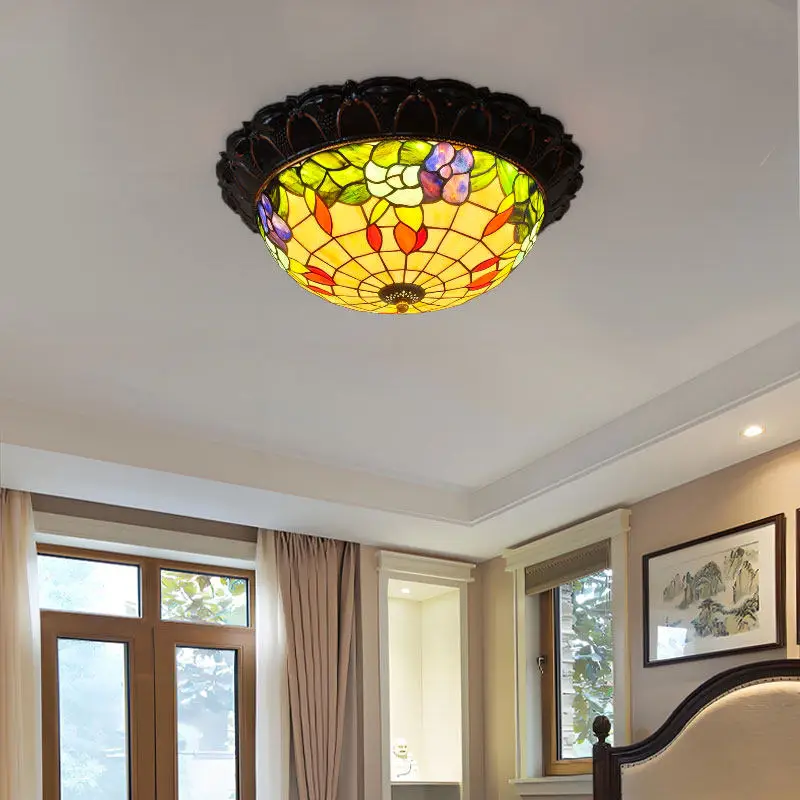 Tiffany Style Vintage Stained Glass Ceiling Lights Floral Pattern Flush Mount Lamp E27 Bedroom Living Room Restaurant Study Home
