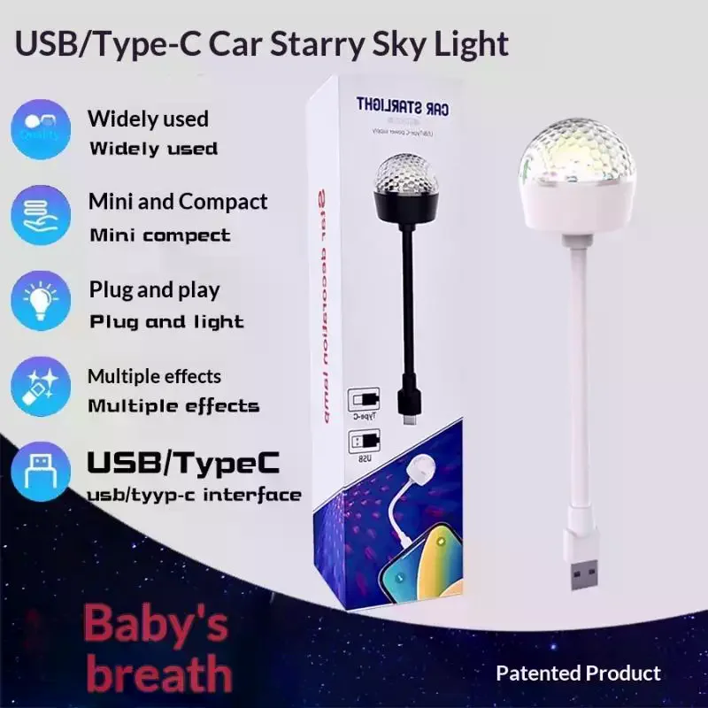 USB Type C Starry Ambient Light RGB Colorful Effect Flexible Neck For Car Home Party Mobile Use