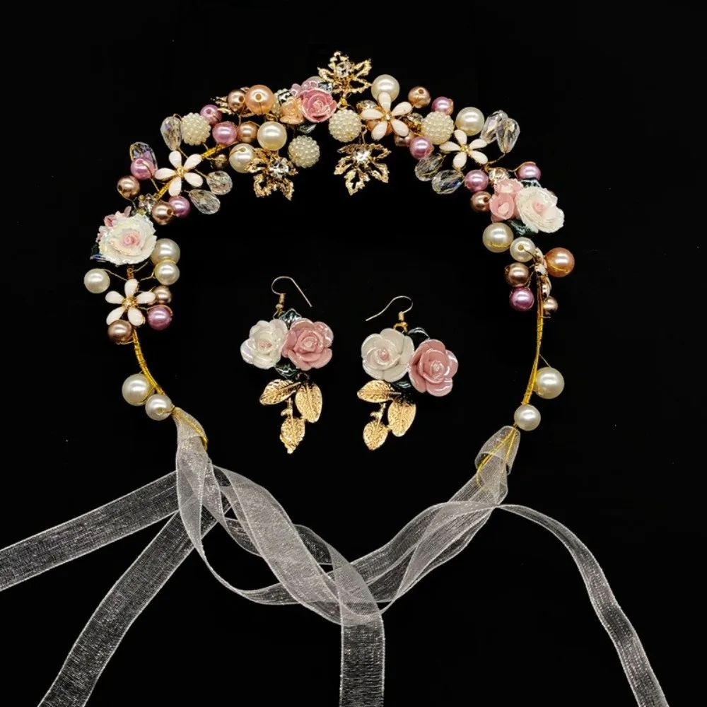 Eenvoudige legering bloemkroon gouden kleur haarhoepel prinses kronen oorbellen Koreaanse stijl bruid tiara's meisjes