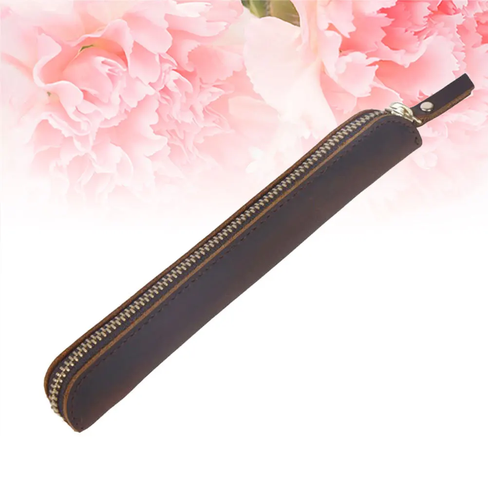 Dark Brown Pen Case Zipper Pouch Snap Button Holder Professional Pen Organizer for Fountain Ballpoint