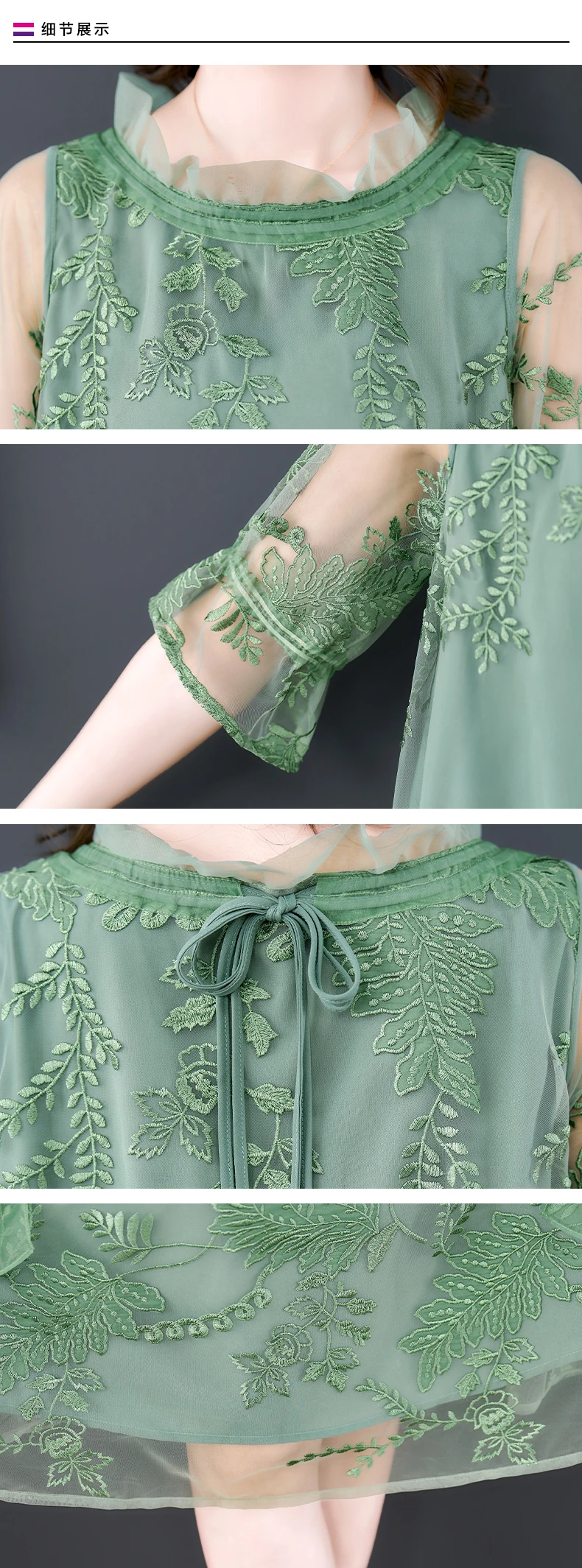 2023 New Summer Celebrity Flower Embroidery A-Line Skirt Temperament O-Neck Mesh Spliced Silk Mid Length Large Dress