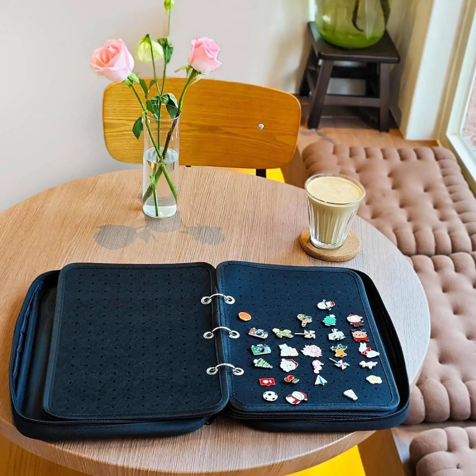 Enamel Pin Collector Case Book Style with Polyester Cover for Organizing Pins in Backpack or Shelf