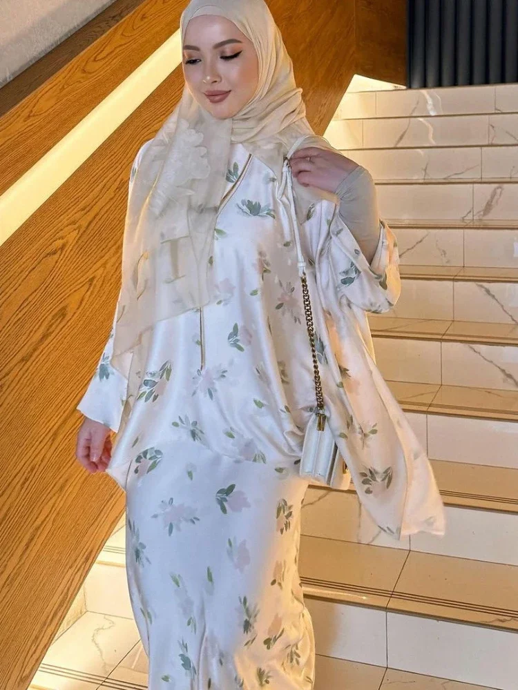 Moslim Vrouwen Tweedelige Set Jalabiya Shirt Rok Pak Party Ramadan Marokko Dubai Kaftan Islam Vestidos Abaya Print Jurk Past