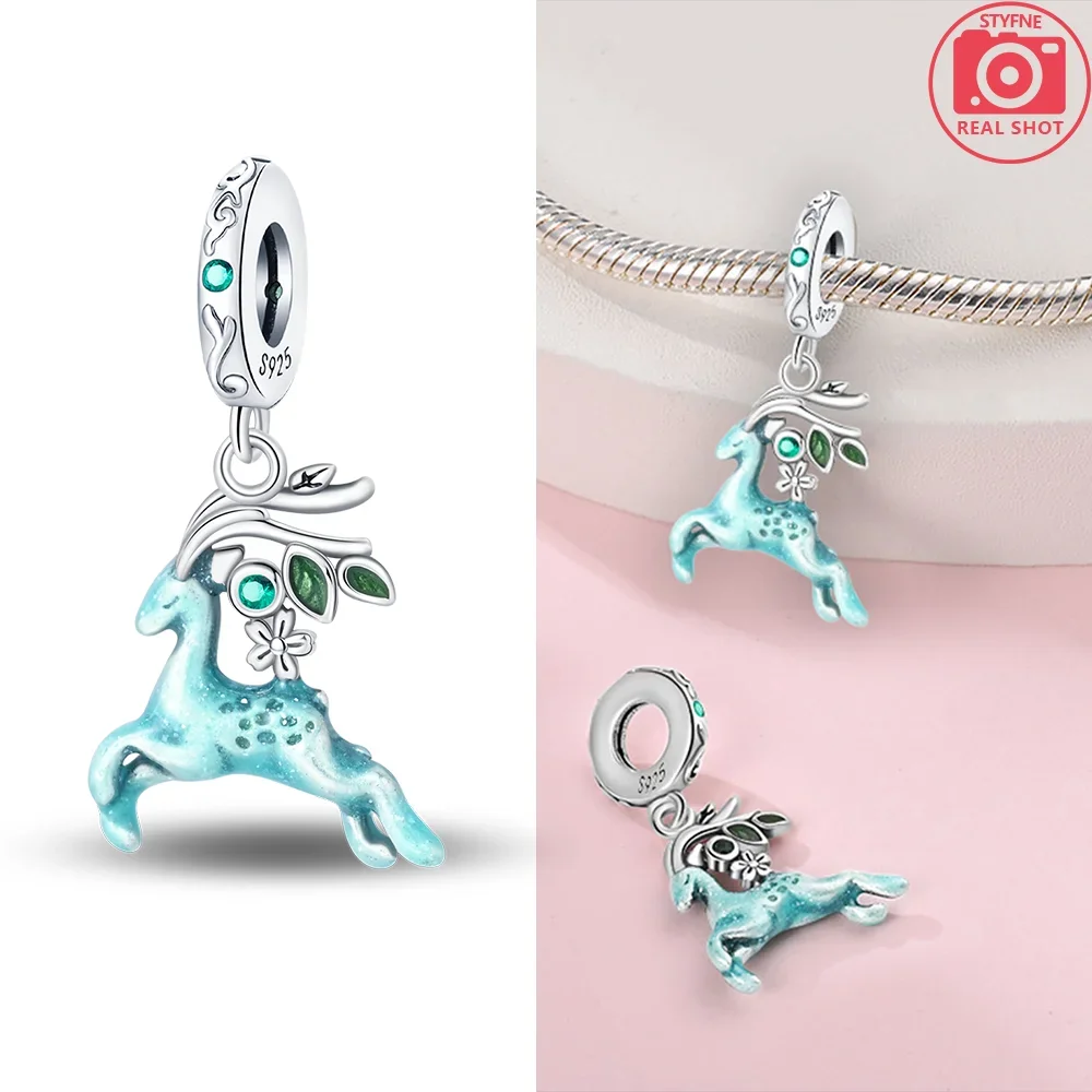 Original 925 Sterling Silver Green Zircon Blue Elk Sheep Squirrel Best Friend Bead Fit Bracelet Diy Women High-end Gift