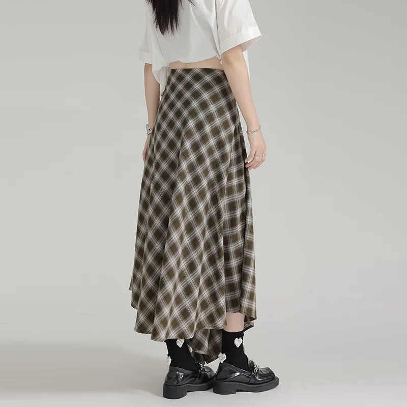 TANNT Women Skirt Asymmetry Patchwork Grid Long Skirts For Women Irregular Casual High Waist Skirt For Women 2024 New Fashion