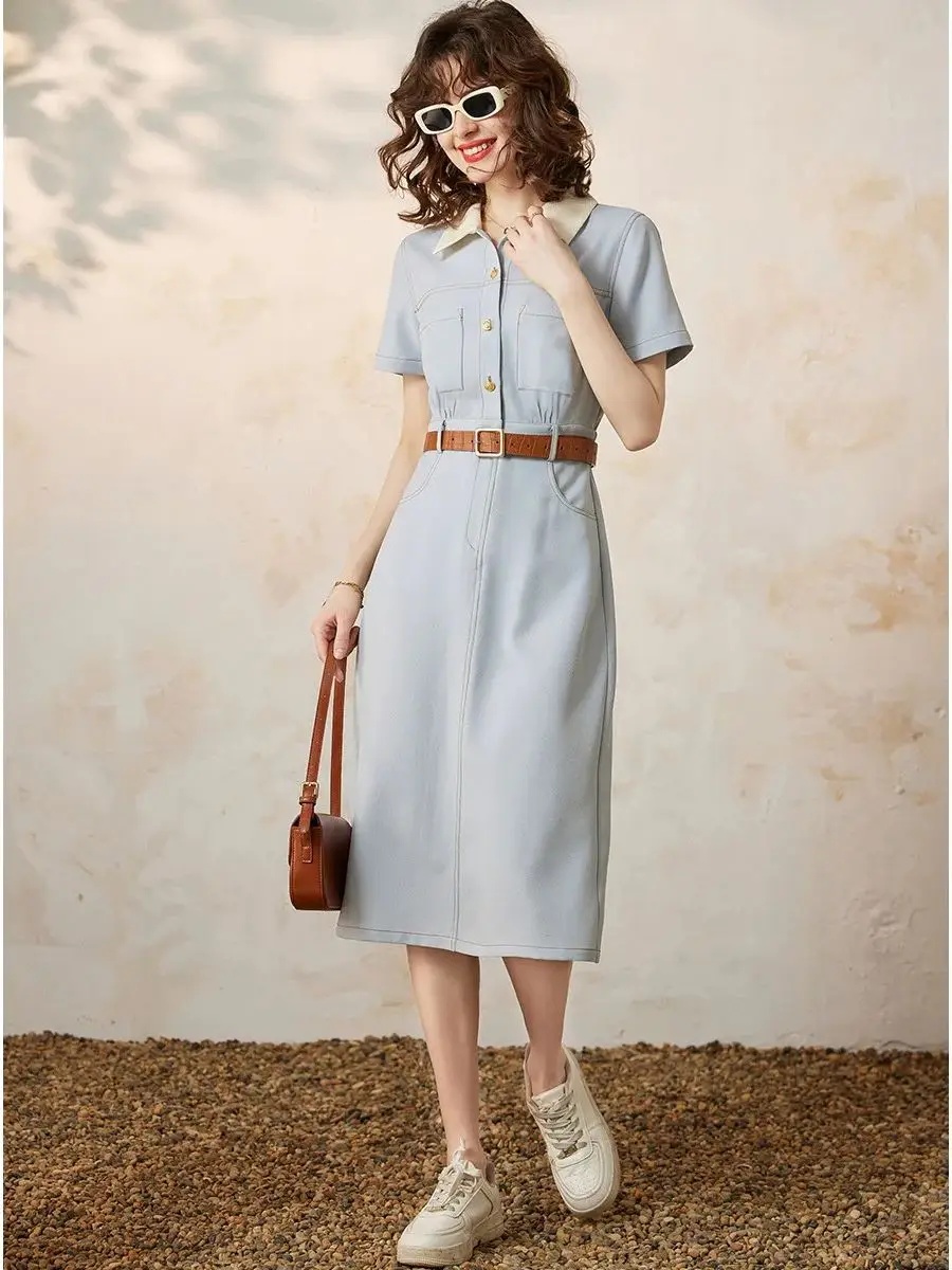 LOUIS YAO Women Dress Elegant Turn Down Collar Short Sleeve Office Lady A-LINE French Style Casual Long Dress