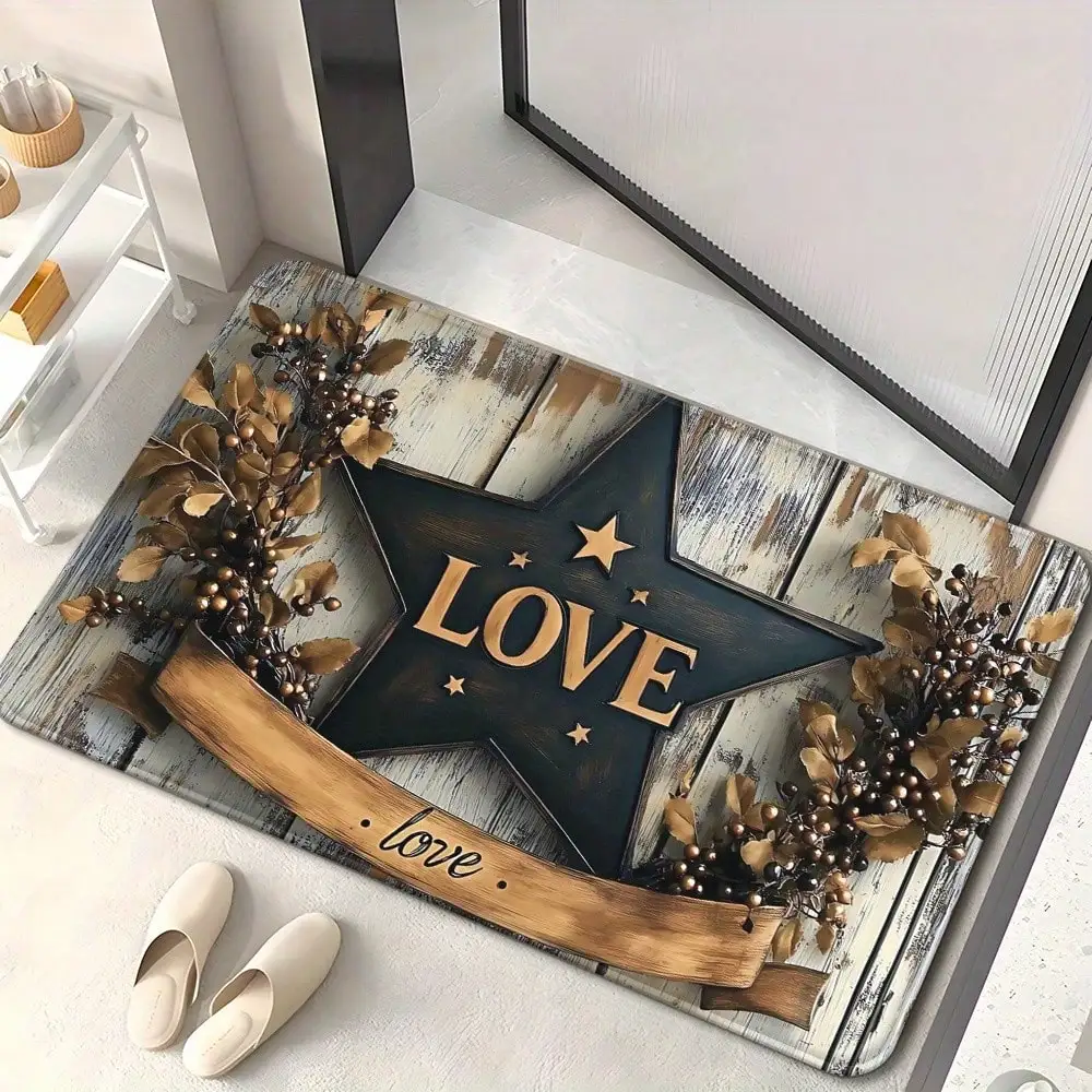 1pc Home Decoration Outdoor Doormat - Rustic LOVE & Floral Design Non-Slip Door - Washable Welcome Front Door Home Decor, Bedroom, Bathroom, Kitchen, Room