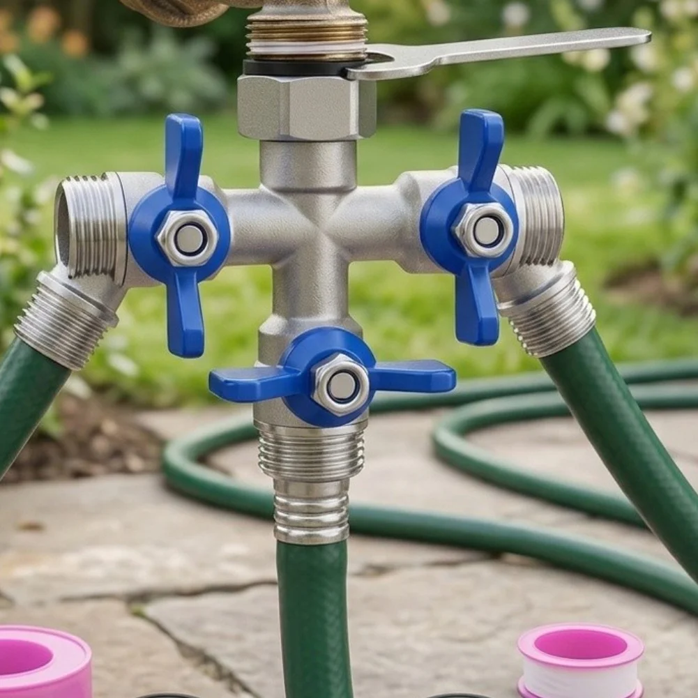 3-Way Outdoor Hose Splitter with 304 Stainless Steel Housing and Independent Valve Control for Customized Water Routing