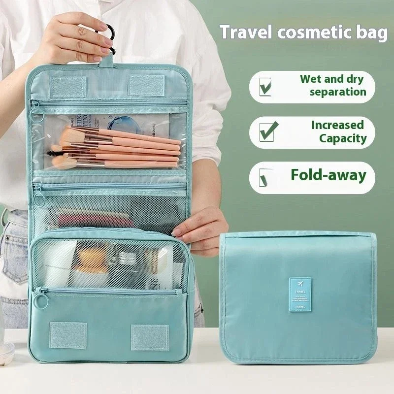 حقيبة مكياج للسفر بسعة كبيرة مقاومة للماء للجنسين مع خطاف تعليق مريح لتخزين مستحضرات التجميل