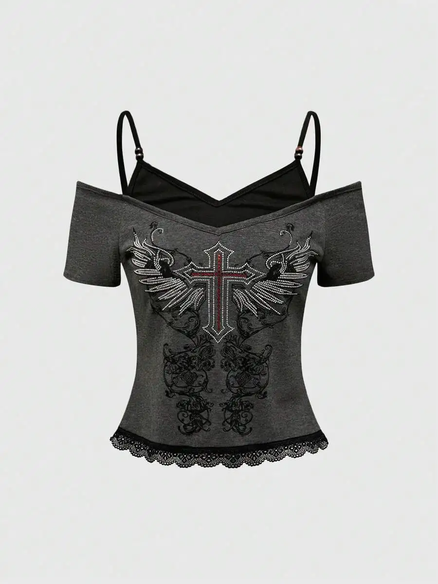 

Vintage Fake two items Graphic Women Harajuku Y2k Aesthetic 2000s Oversized Sexy Off Shoulder Short Sleeve T-shirts Grunge