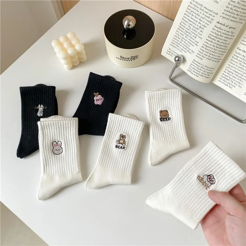 Autumn and Winter Solid Color Women's Socks Cartoon Animal Embroidery Academy Style Sock Cute Bear Rabbit Mid Tube Women's Socks