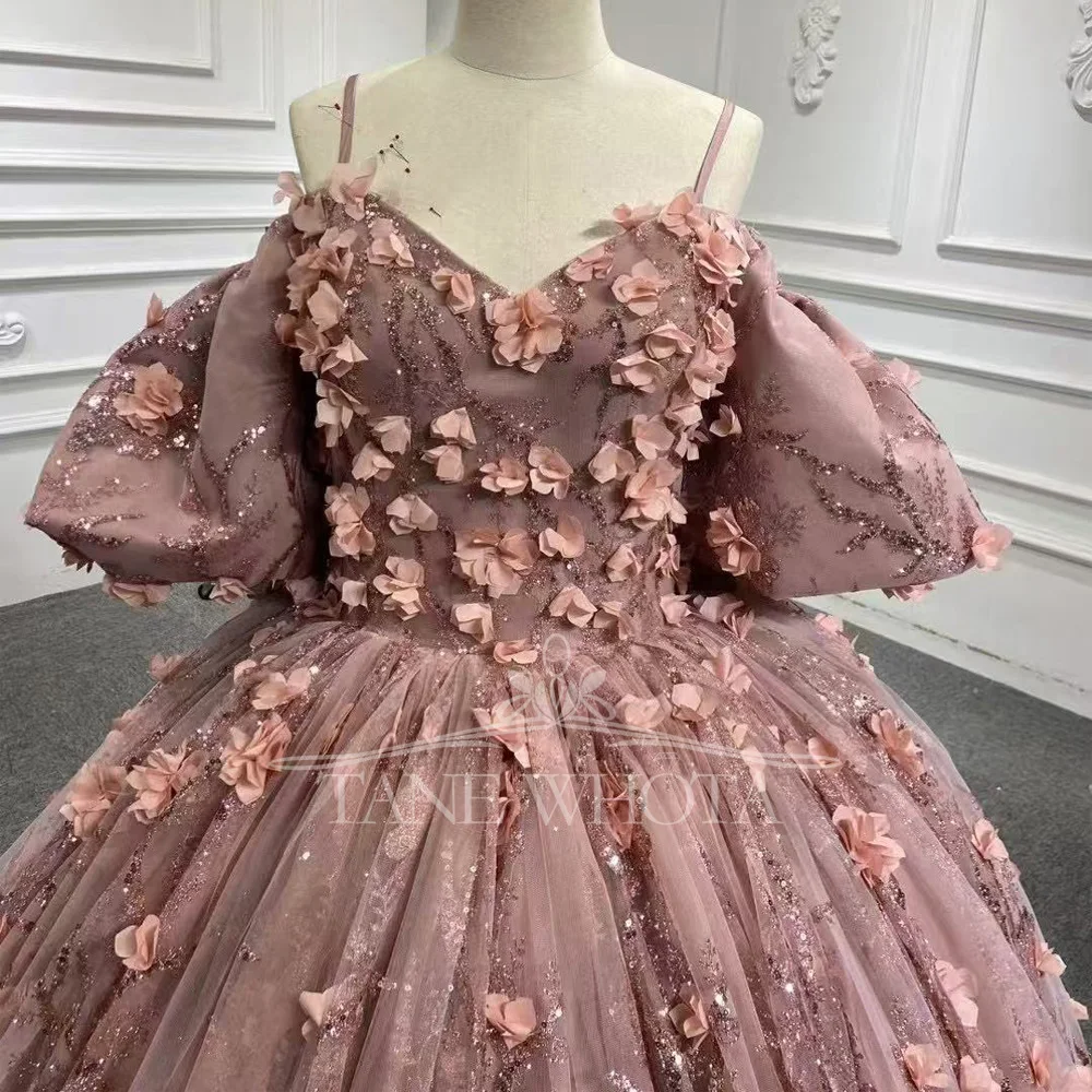 Luxury Pink Lace Evening Dress 2026 Sweetheart Style With Sequined Appliques Lantern Sleeves Customized Long Gown For Women