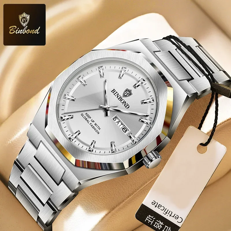 

BINBOND модные мужские кварцевые часы с двойным календарем, ночник, водонепроницаемые, из нержавеющей стали, повседневные деловые спортивные мужские наручные часы