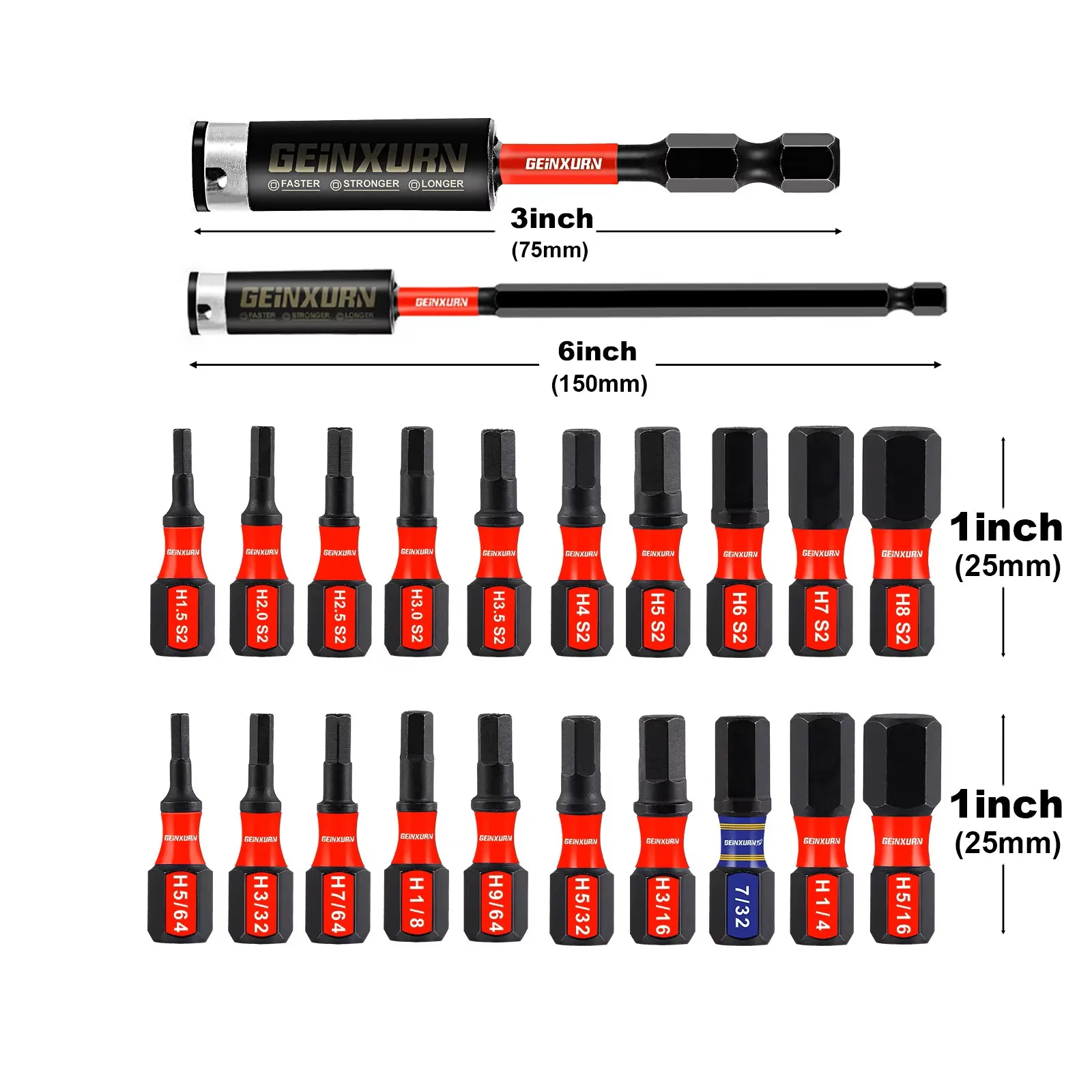 Geinxurn 1 inches Multi Hex Head (Metric&SAE) Insert Bits Set, S2 Steel Hex Screwdriver Bit set for Motorcycle Maintenance