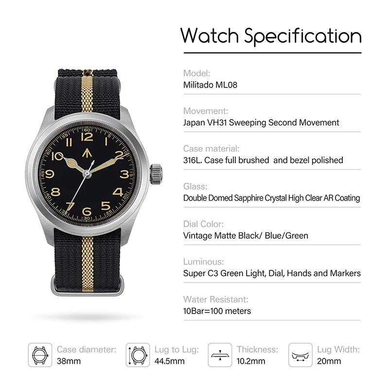 Militado-Montre-bracelet en cristal saphir bombé, VH31, Mouvement à quartz, Vert Shoous, Montres vintage, ML08, Super C3, 38mm