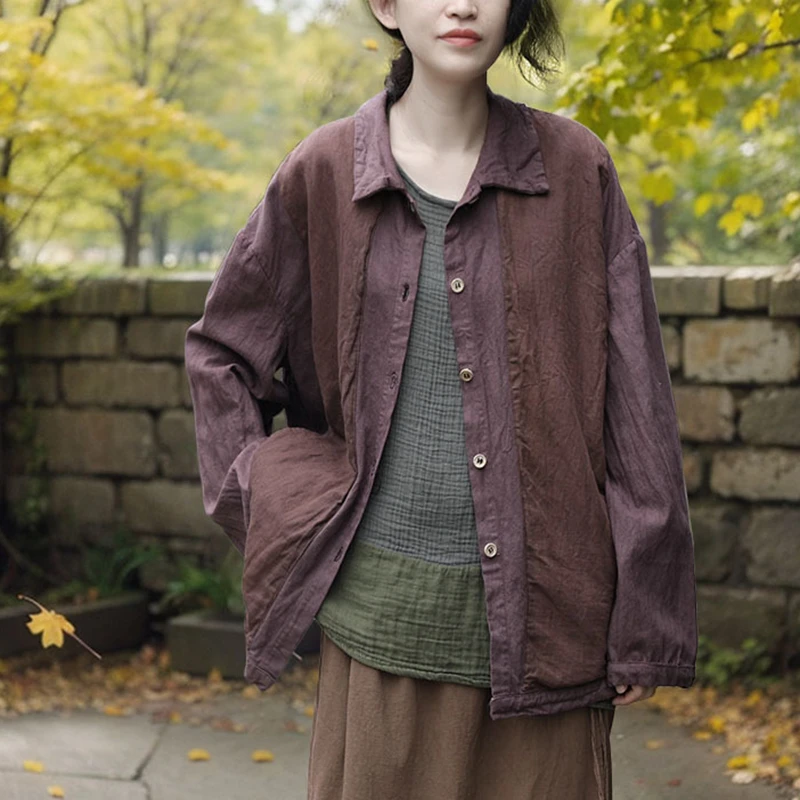 

Women Cotton Linen Casual Jackets New Arrival 2025 Spring Vintage Style Patchwork Color Loose Female Long Sleeve Coats M1499
