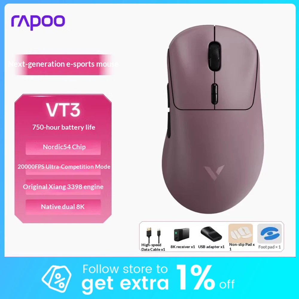 

Игровая мышь Rapoo VT3 MAX с чипом Nordic 54L15 и сенсором 3950 Ultimate, беспроводная, 8K, с низкой задержкой, легкая (53 г) для геймеров