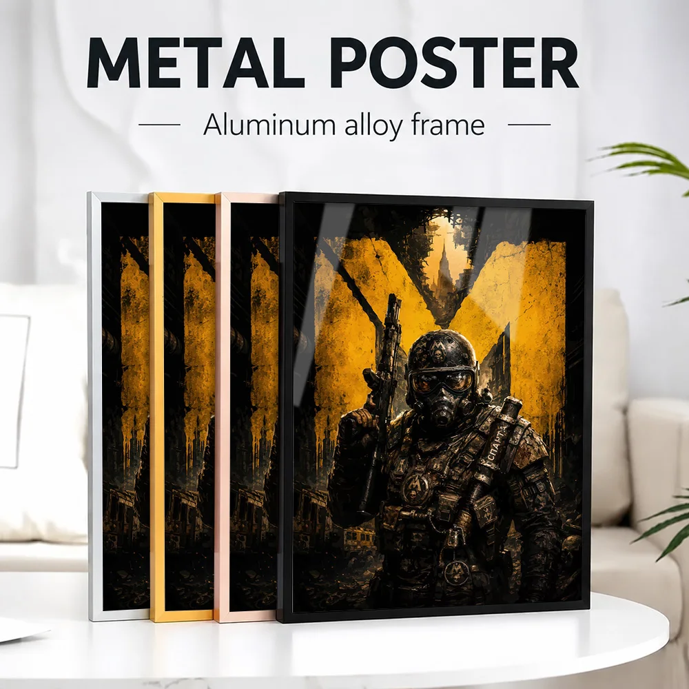 Metro Soldier Featuring Gas Mask And Rifle Framed Metal Print Customized Photo Bold Tactical Style Wall Art For Collector Room