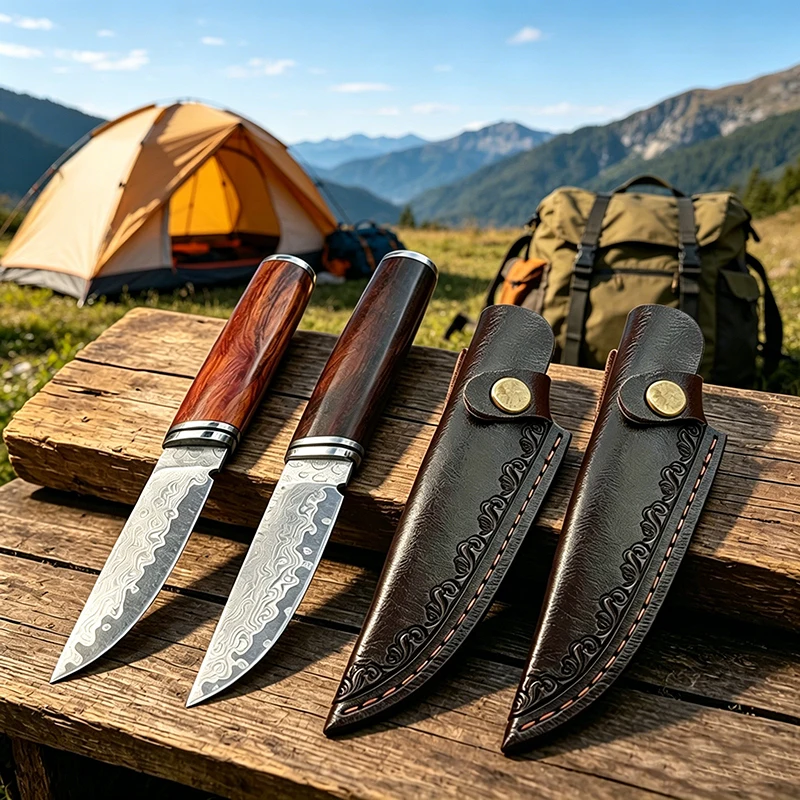 Damascus Steel Outdoor Knife Portable Hunting Camping & BBQ Handheld Meat Knife Boning Knives with Sheath