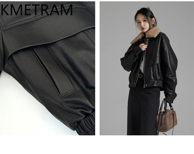 KMETRAM peau de mouton naturelle veste en cuir véritable femmes avec col détachable mérinos 2025 automne court nouveaux vêtements d'extérieur ropa mujer