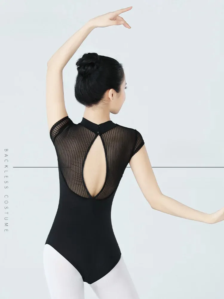 Mesh Patchwork High Neck Short Sleeve Backless Slim Fit Romper for Women Ballet Dance Stage Performance Bodysuit