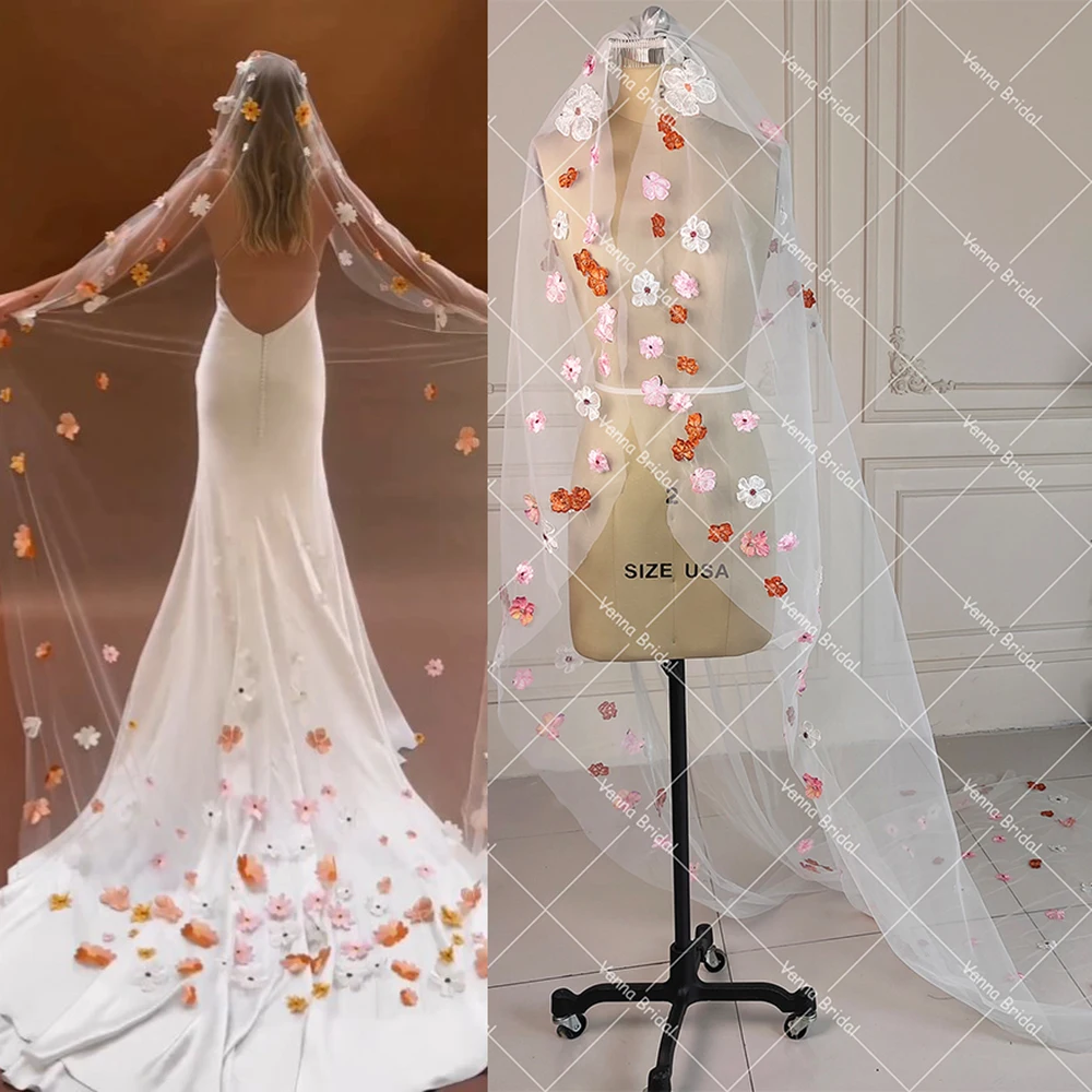 Colorful Three-Dimensional Flowers Bridal Veils Customized Cut Edge Romantic Embroidered One Tier Tulle Wedding Headpiece