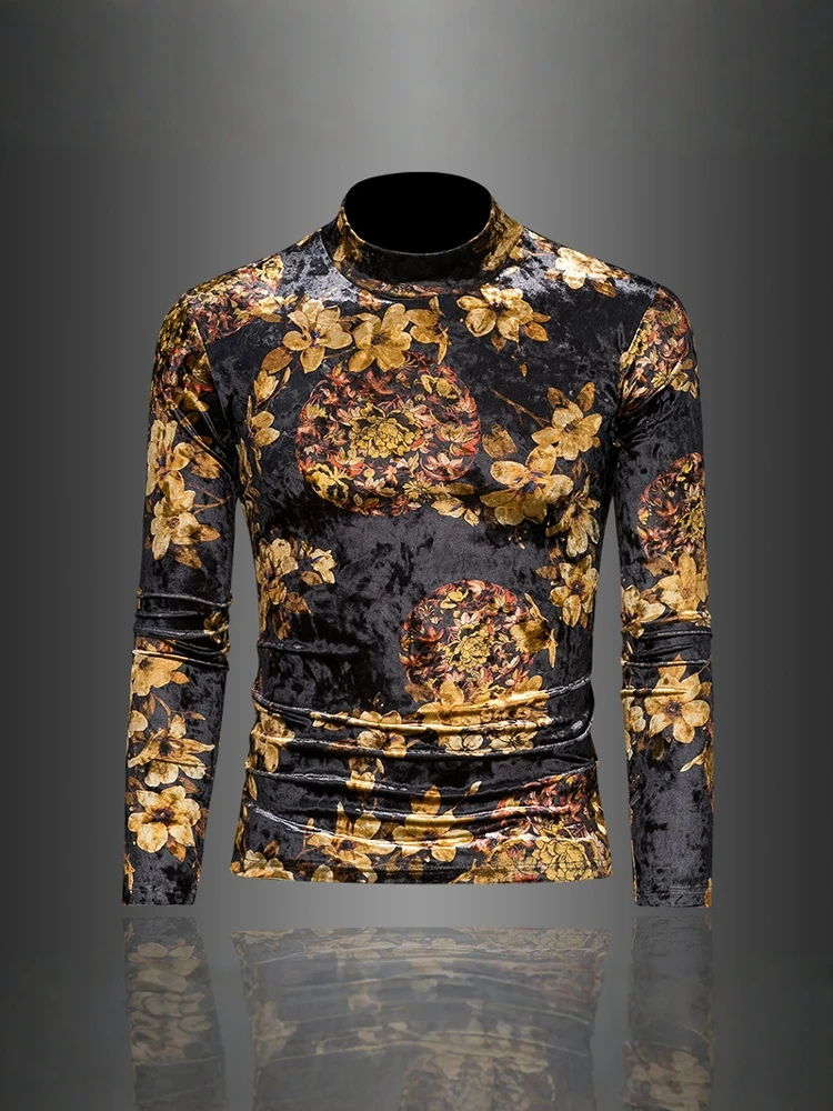 

Men's Slim Fit Long Sve Velvet T-irt f High Collar Double Sided Fce Breathable Comfortable Youth Faion Floral Print