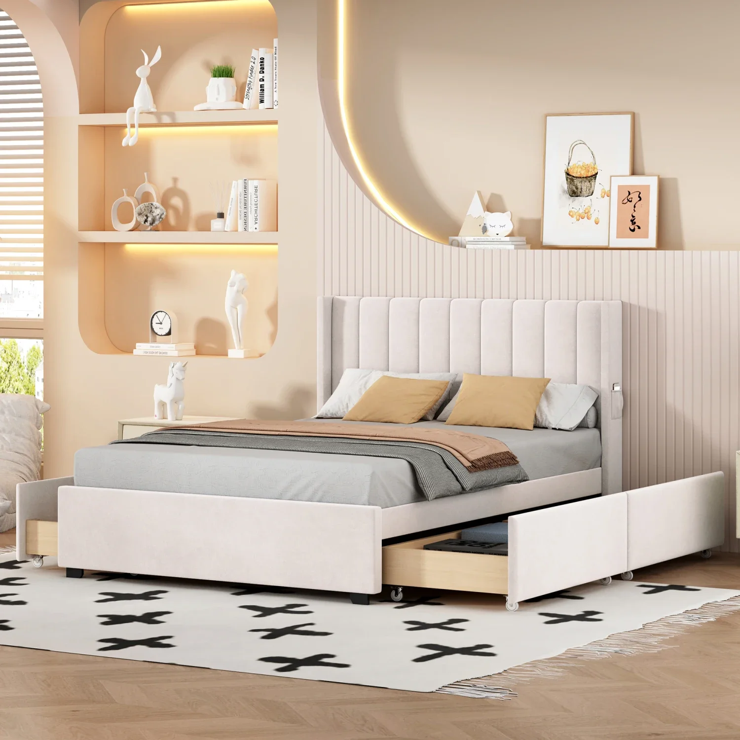 

Elegant Beige Full Size Upholstered Bed with Convenient 4 Drawers for Extra Storage Space and Comfortable Sleep Experience makeu