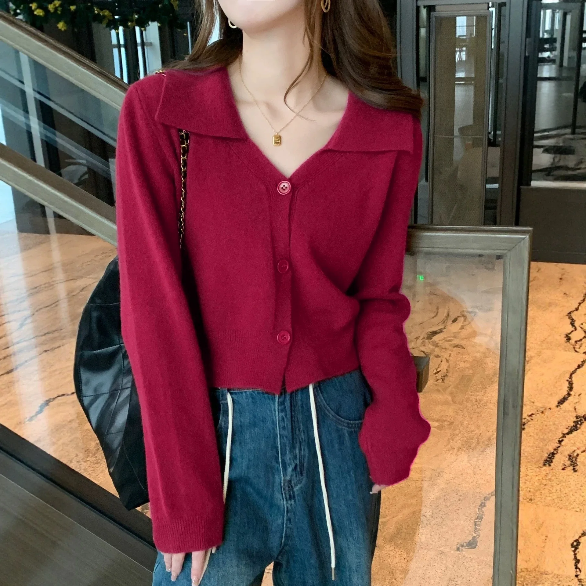 Womens Solid Color Knit Cropped For Top with Tailored Lapel and Single-Breasted Look Ideal for Spring Winter Wardrobe