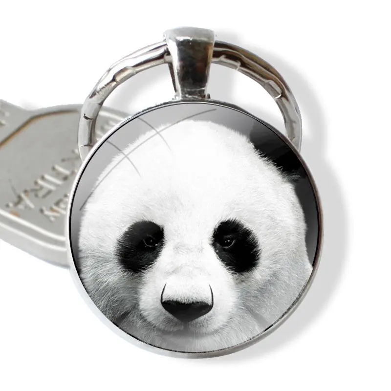 Keychain Handmade Glass Cabochon Key Ring Holder Pendant Key Chains Cute Animal Pande eating bamboo