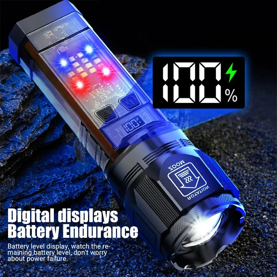 USB Recharge LED Flashlight Work Light Solar Powered Flashlight Telescopic zoom Torch Warning Flashing Light Outdoor Lamp