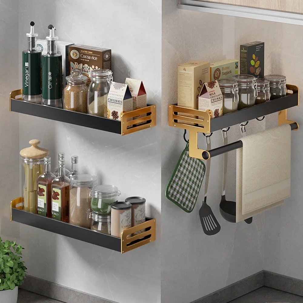 

Kitchen Storage Shelves Basket Wall Mount Spice Jars Rack Holder Cabinet Organizer Kitchen Bathroom Shelf Accessories Organizer